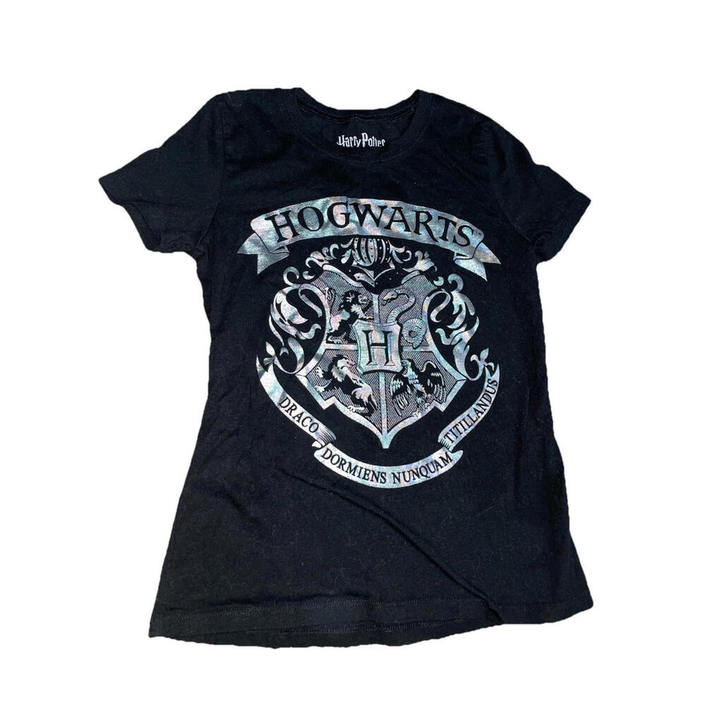 Harry Potter Hogwarts Houses Black Silver T-Shirt Boys Girls Motto L 10-12